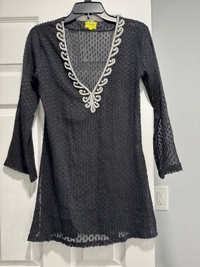 Anaya Black Swimsuit Cover-Up with White Bead Embellished V-Neck